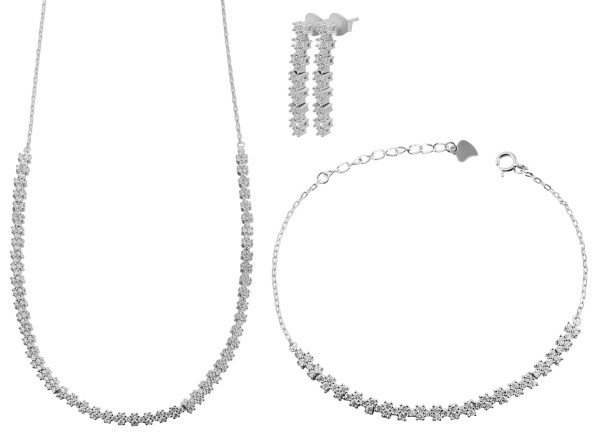 925/- Echt Silber Schmuckset mit Armband(17+3cm), Kette (42+3cm) und Ohrringe, 925/rhodiniert
