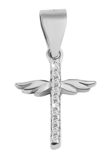 925/- Echt Silber Anhänger ohne Kette "Edith", Kreuz mit Zirkoniabesatz und Flügeln, 925/rhodiniert