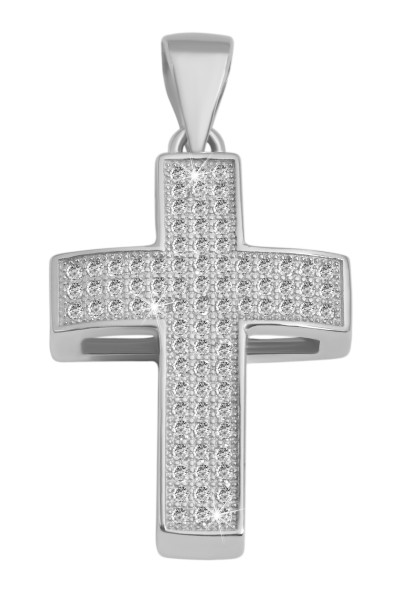925/- Echt Silber Anhänger ohne Kette, gewölbtes Kreuz mit Zirkoniabesatz, 925/rhodiniert