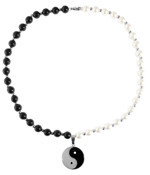 Akzent Halskette mit Glasperlen und Edelstahl, Yin Yang Anhänger, 45 cm