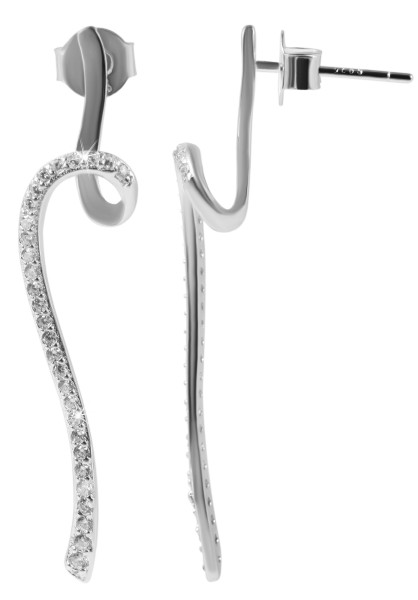 925/- Echt Silber Ohrstecker mit Zirkoniabesatz, länglich und spiralenförmig, 925/rhodiniert