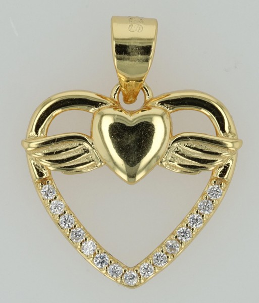 "Gulisa" - Herz mit Flügel und Besatz, 925er Echt Silber Anhänger goldfarben oder silberfarben rhodi