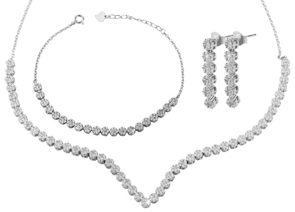 925/- Echt Silber Schmuckset mit Armband(17+3cm),Kette(42+3cm) und Ohrringe, 925/rhodiniert