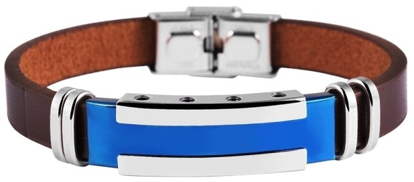 Akzent Armband aus Echtleder und Edelstahl, dunkelbraun/silberfarben/blau