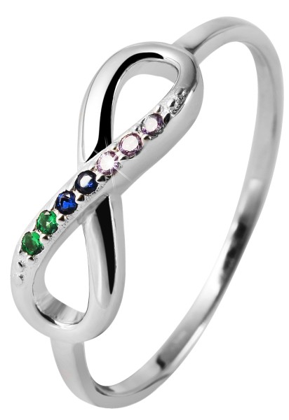 925/- Echt Silber Ring, Infinity, mehrfarbiger Zirkoniabesatz, 925/rhodiniert